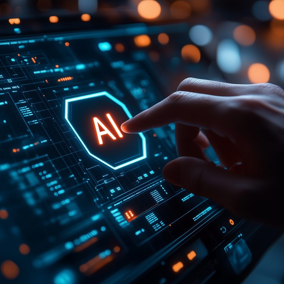 Mano señalando un botón con las letras "AI" en una interfaz digital luminosa.